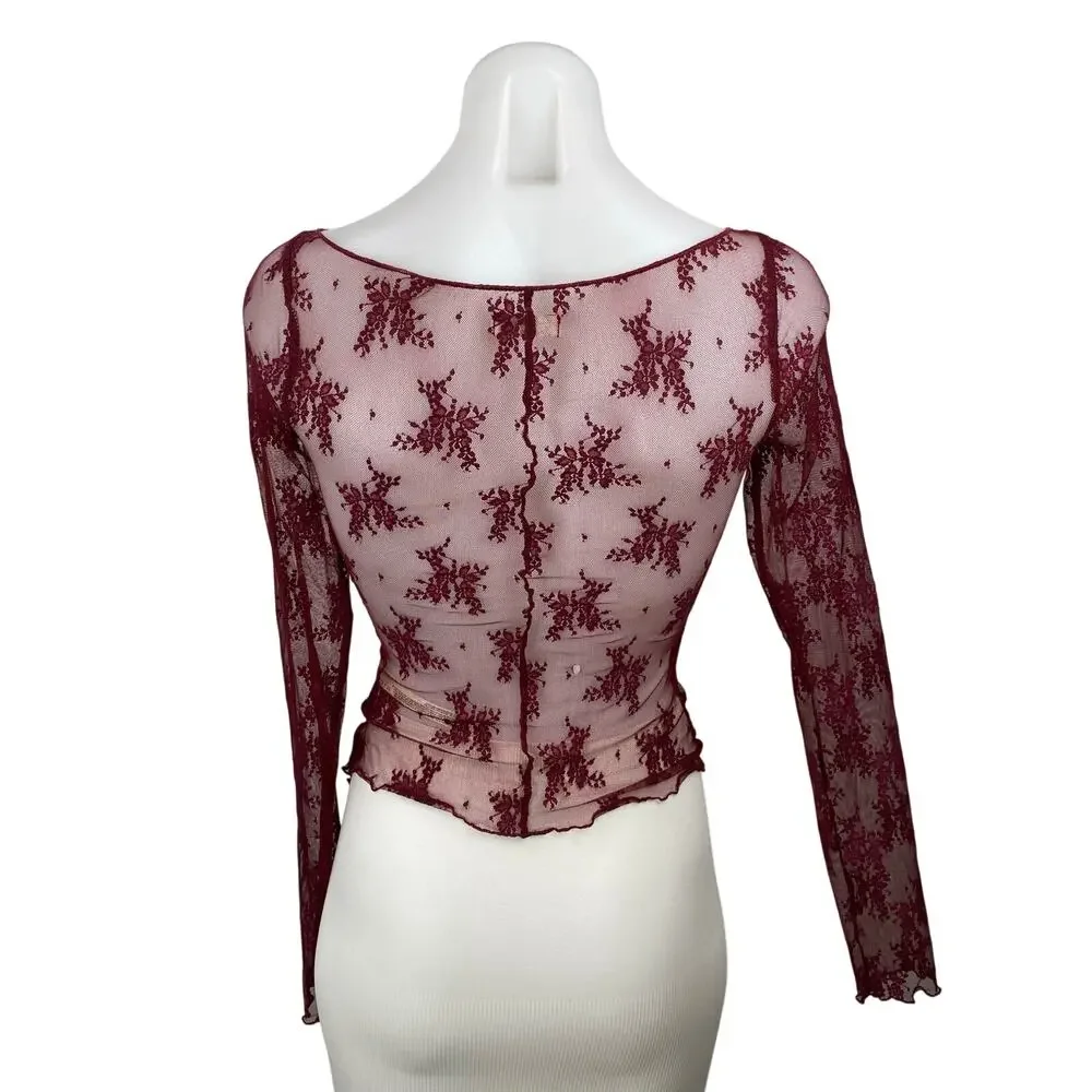 Free People Full Bloom Red Layering Mesh Sheer Lace Long Sleeve Blouse Top Sz XS
